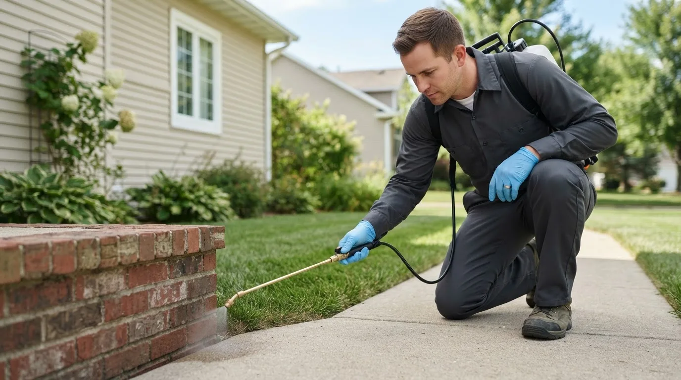 Pest control technician treating a home near Belleview, FL
